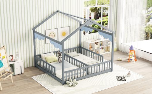Double Twin House-style Floor Bed With Fence and Guardrails, Without Door
