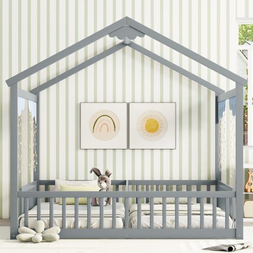 Double Twin House-style Floor Bed With Fence and Guardrails, Without Door