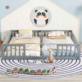 Double Twin Floor Bed With Fence, Guardrails, Without Door