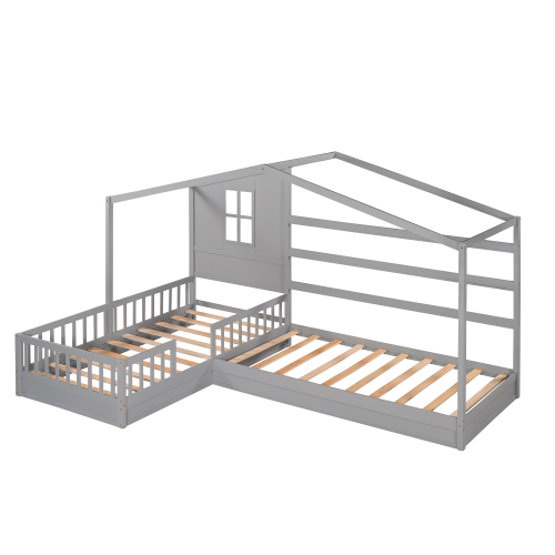 Wood House Bed Twin Size, 2 Twin Solid Bed L Structure With Fence And Slatted Frame 9 Wood House Bed Twin Size, 2 Twin Solid Bed L Structure With Fence And Slatted Frame