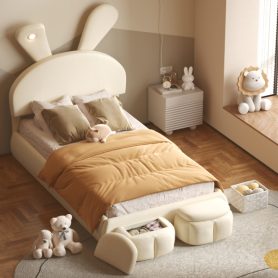 Twin Size Upholstered Platform Bed with Cartoon Ears Shaped Headboard and Light
