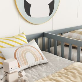 Double Twin Floor Bed With Fence, Guardrails, Without Door