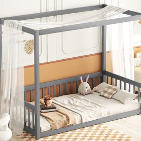 Twin Size Canopy Frame Floor Bed with Fence, Guardrails