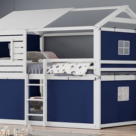 Full Size Bunk Wood House Bed with Tent