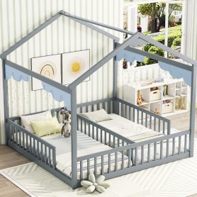 Double Twin House-Style Floor Bed With Fence, Guardrails, Without Door 48 Double Twin House-Style Floor Bed With Fence, Guardrails, Without Door