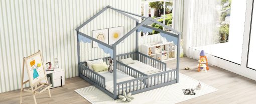Double Twin House-style Floor Bed With Fence and Guardrails, Without Door