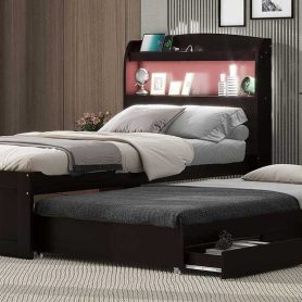 Twin XL Size Platform Bed with Storage LED Headboard, Charging Station, Twin Size Trundle and 2 Drawers