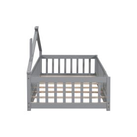 Twin House-Shaped Bedside Floor Bed with Guardrails, Slats, with Door