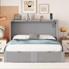 Full Size Murphy Bed with Drawer and a set of Sockets & USB Ports, Pulley Structure Design