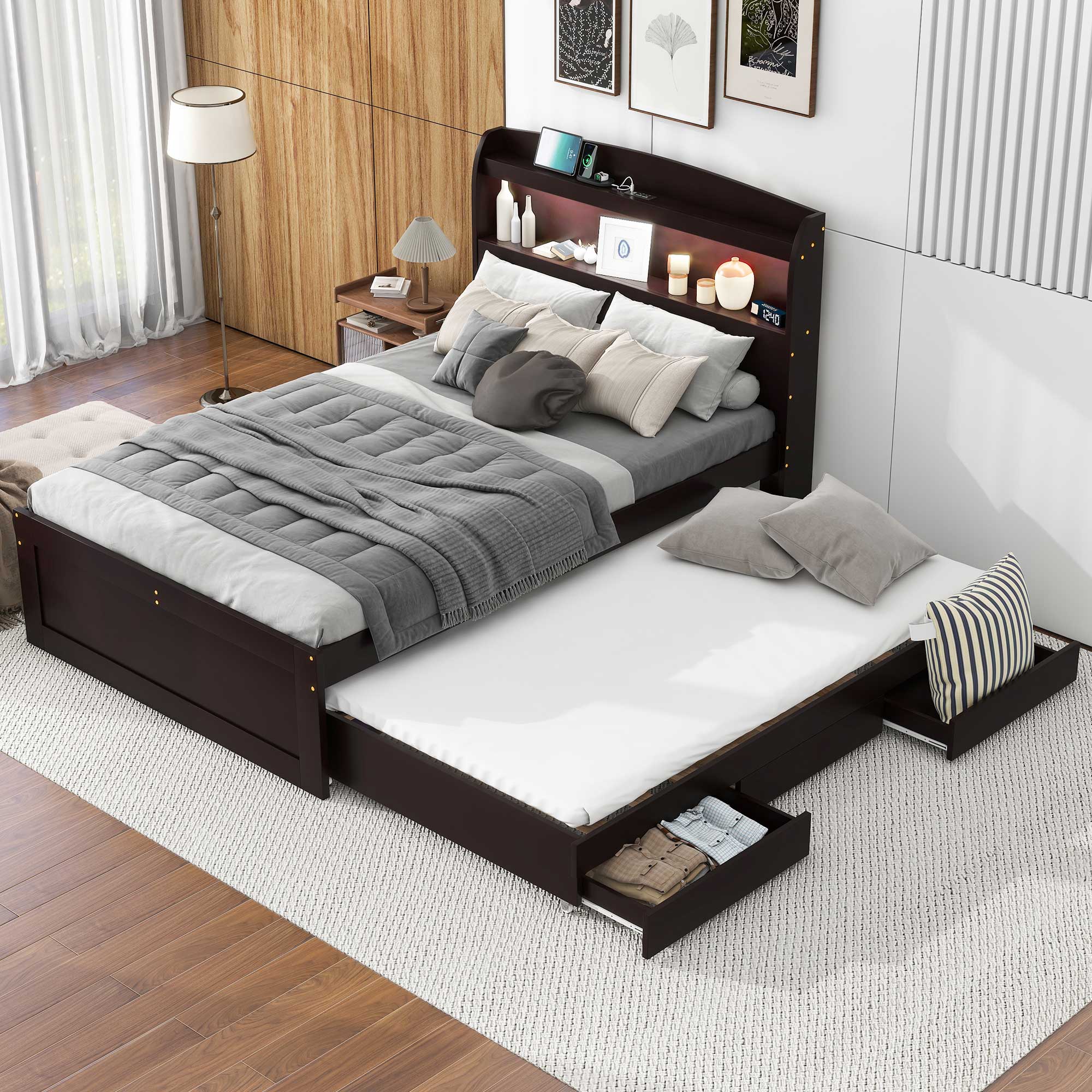 Full XL Size Platform Bed with Storage LED Headboard, Charging Station, Twin Size Trundle and 2 Drawers