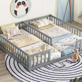 Double Twin Floor Bed With Fence, Guardrails, Without Door