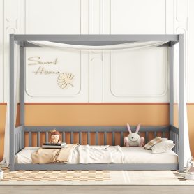 Twin Size Canopy Frame Floor Bed with Fence, Guardrails