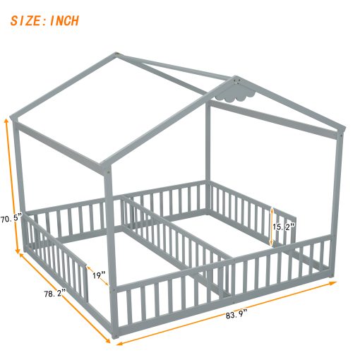 Double Twin House-style Floor Bed With Fence and Guardrails, Without Door