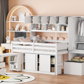 Full Size Wooden Loft Bed Big Storage With Under-Bed Desk, Drawers and Shelves 38 Full Size Wooden Loft Bed Big Storage With Under-Bed Desk, Drawers and Shelves