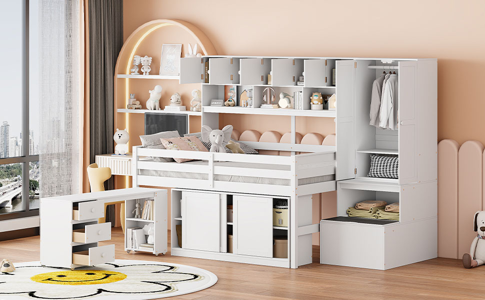 Full Size Wooden Loft Bed Big Storage With Under-Bed Desk, Drawers and Shelves 18 Full Size Wooden Loft Bed Big Storage With Under-Bed Desk, Drawers and Shelves