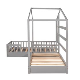 Wood House Bed Twin Size, 2 Twin Solid Bed L Structure With Fence And Slatted Frame 22 Wood House Bed Twin Size, 2 Twin Solid Bed L Structure With Fence And Slatted Frame