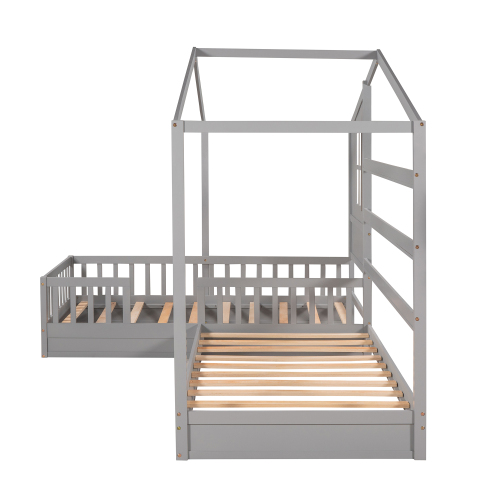 Wood House Bed Twin Size, 2 Twin Solid Bed L Structure With Fence And Slatted Frame 10 Wood House Bed Twin Size, 2 Twin Solid Bed L Structure With Fence And Slatted Frame