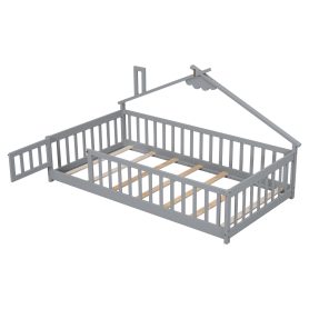 Twin House-Shaped Bedside Floor Bed with Guardrails, Slats, with Door