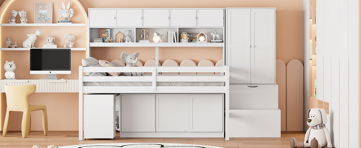 Full Size Wooden Loft Bed Big Storage With Under-Bed Desk, Drawers and Shelves 22 Full Size Wooden Loft Bed Big Storage With Under-Bed Desk, Drawers and Shelves