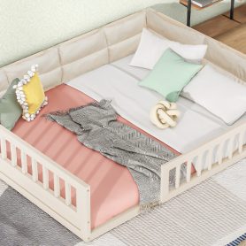 Wood Full Size Upholstered Platform Bed with Guardrail and Pillow