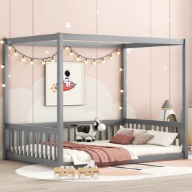 Full Size Canopy Frame Floor Bed With Fence, Guardrails