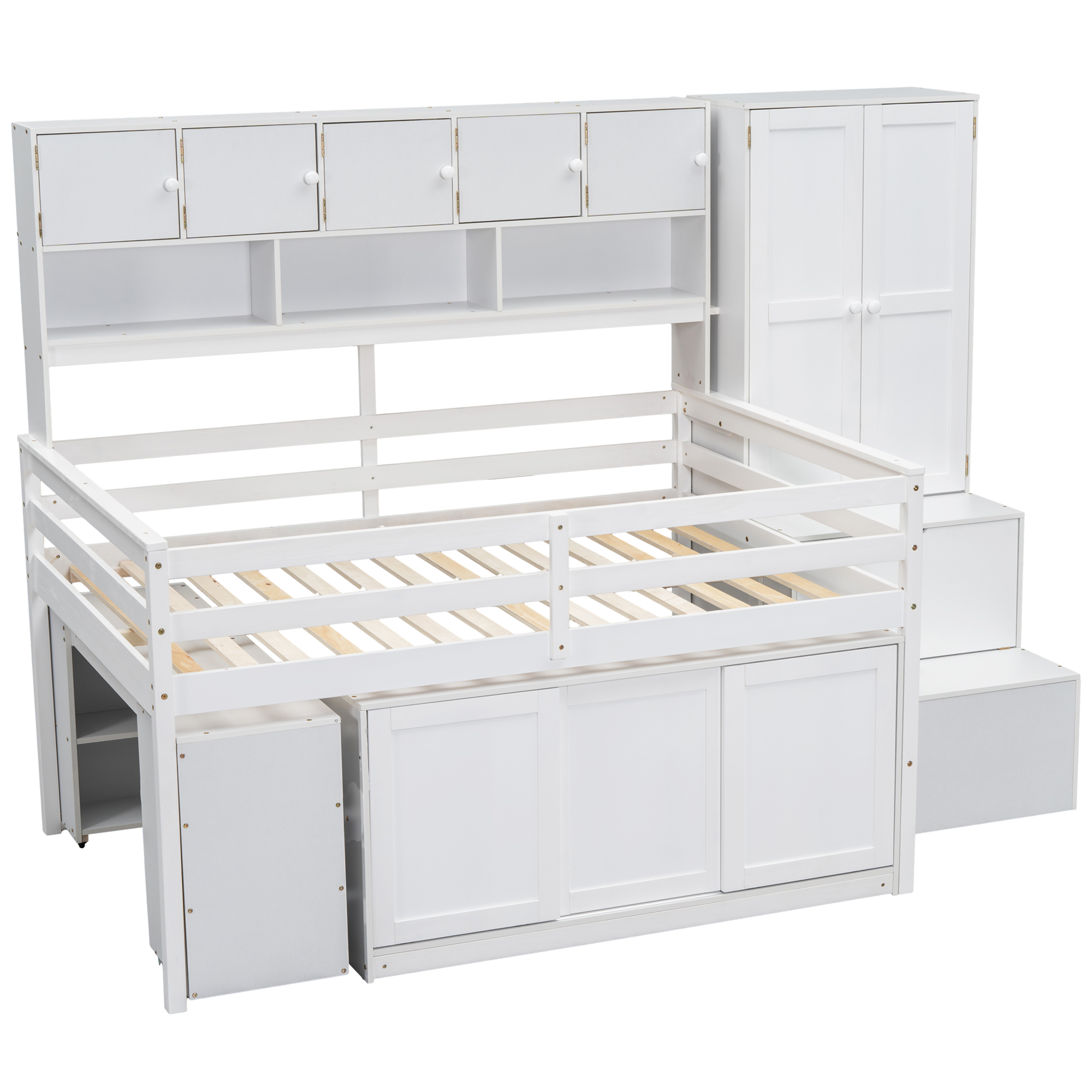 Full Size Wooden Loft Bed Big Storage With Under-Bed Desk, Drawers and Shelves 11 Full Size Wooden Loft Bed Big Storage With Under-Bed Desk, Drawers and Shelves