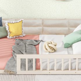 Wood Full Size Upholstered Platform Bed with Guardrail and Pillow