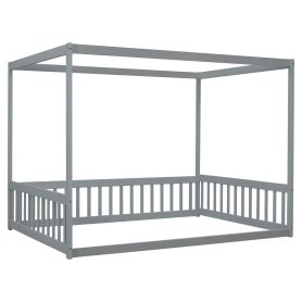 Full Size Canopy Frame Floor Bed With Fence, Guardrails