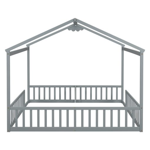 Double Twin House-style Floor Bed With Fence and Guardrails, Without Door