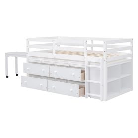 Twin Size Loft Bed with Retractable Writing Desk and 4 Drawers
