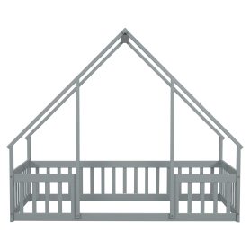 Twin Wood House-shaped Floor Bed With Fence, Guardrails