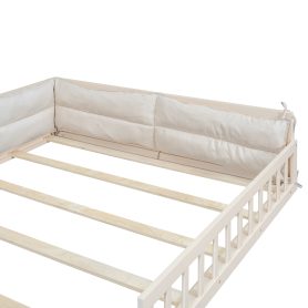 Wood Full Size Upholstered Platform Bed with Guardrail and Pillow