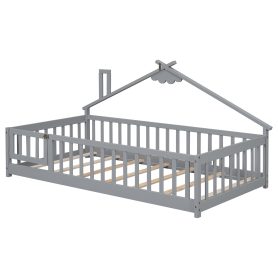 Twin House-Shaped Bedside Floor Bed with Guardrails, Slats, with Door