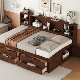 Full Size Wooden Captain Bed with Built-in Storage Shelves, 4 Drawers and 2 Cabinets