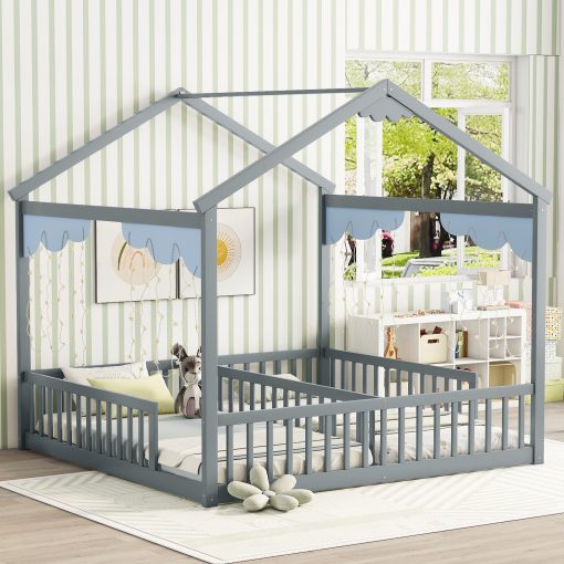 Double Twin House-style Floor Bed With Fence and Guardrails, Without Door
