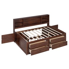 Full Size Wooden Captain Bed with Built-in Storage Shelves, 4 Drawers and 2 Cabinets