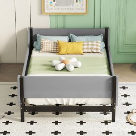 Twin Bed with Headboard, Footboard, Safeguards, Built-in Bed-end Book Storage Rack