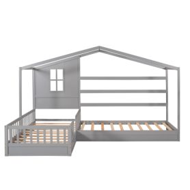 Wood House Bed Twin Size, 2 Twin Solid Bed L Structure With Fence And Slatted Frame 20 Wood House Bed Twin Size, 2 Twin Solid Bed L Structure With Fence And Slatted Frame