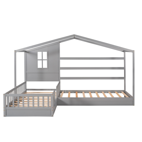 Wood House Bed Twin Size, 2 Twin Solid Bed L Structure With Fence And Slatted Frame 8 Wood House Bed Twin Size, 2 Twin Solid Bed L Structure With Fence And Slatted Frame