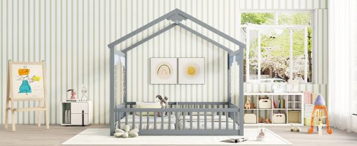 Double Twin House-style Floor Bed With Fence and Guardrails, Without Door