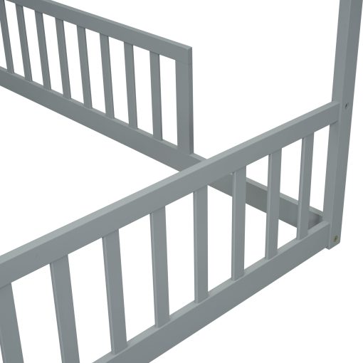 Double Twin House-style Floor Bed With Fence and Guardrails, Without Door