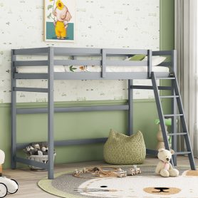 Twin Size High Loft Bed with inclined Ladder, Guardrails