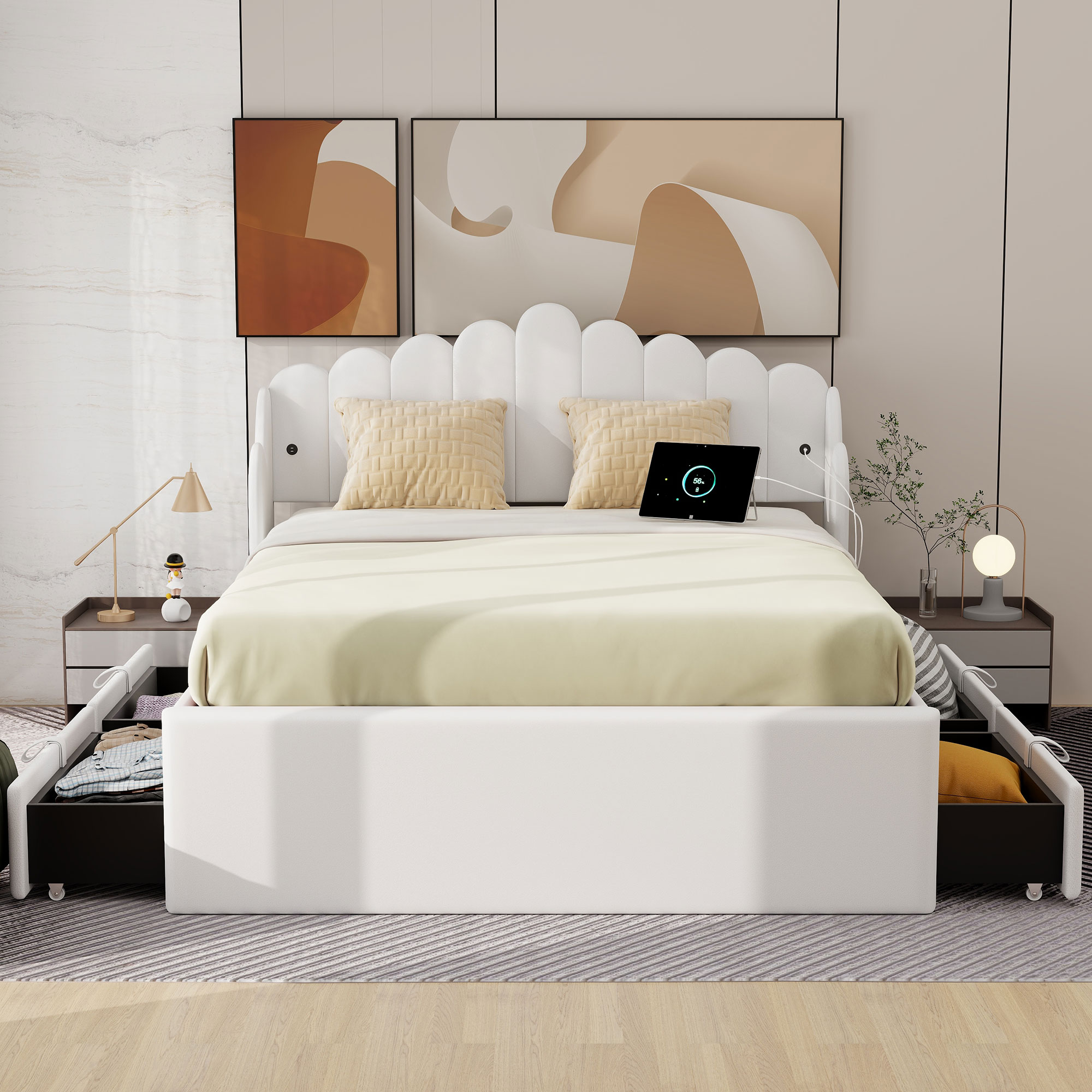 Full Size Upholstered Platform Bed with 4 Drawers and 2 USB