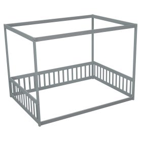 Full Size Canopy Frame Floor Bed With Fence, Guardrails
