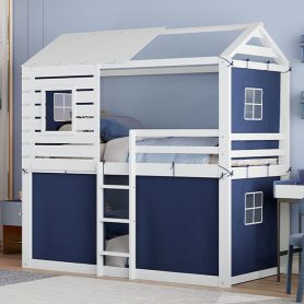 Twin Size Bunk Wood House Bed with Tent