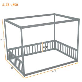 Full Size Canopy Frame Floor Bed With Fence, Guardrails