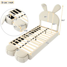 Twin Size Upholstered Platform Bed with Cartoon Ears Shaped Headboard and Light