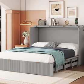 Full Size Murphy Bed with Drawer and a set of Sockets & USB Ports, Pulley Structure Design