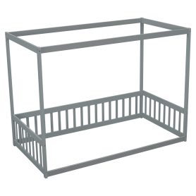 Twin Size Canopy Frame Floor Bed with Fence, Guardrails