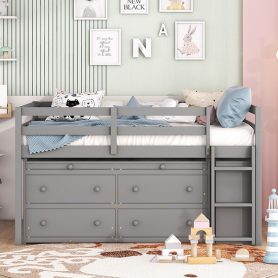 Full Size Loft Bed With Retractable Writing Desk, 4 Drawers And Shelves